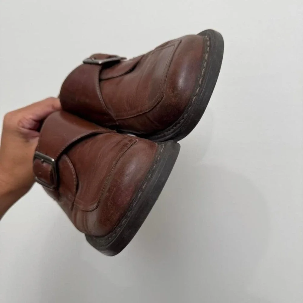 90s‎ Brown Square Toe Belt Buckle Shoe Genuine Leather 8.5